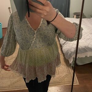Boho Floral Print Patchwork Tiered Tunic Top in Blue, Yellow & Pink